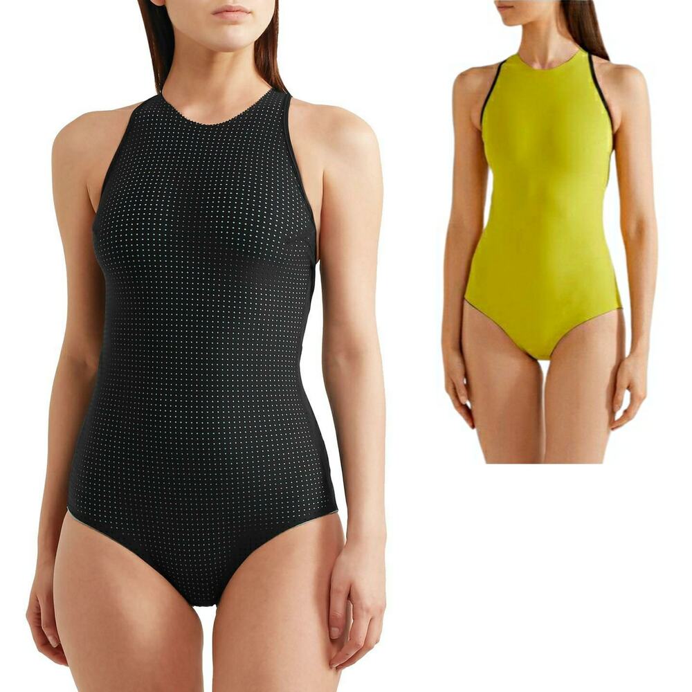 WARD WHILLAS Palmer reversible perforated one piece swimsuit black pea green XS - Picture 2 of 10